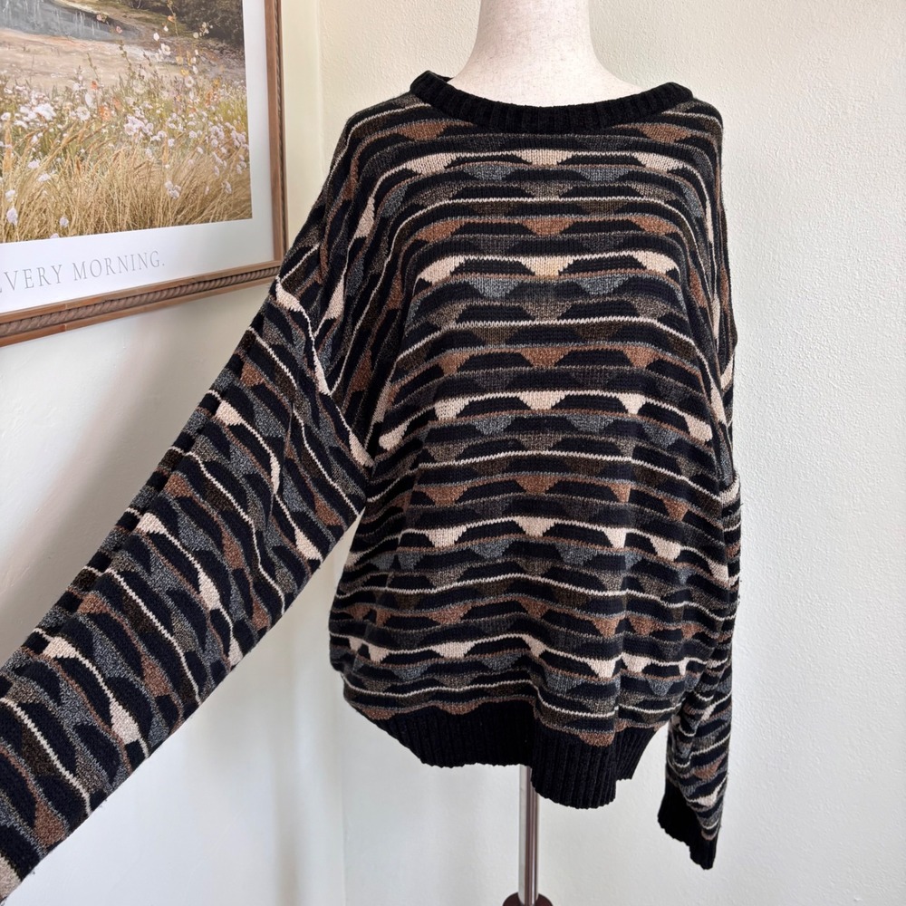 Vintage Jantzen sweater black brown Aztec striped size XL acrylic rayon soft
